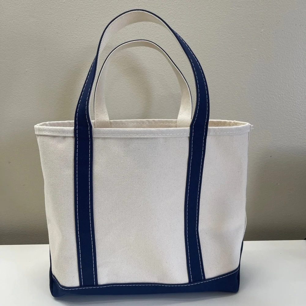 L.L.Bean Boat and Tote Medium White Navy Canvas Shoulder Bag USA Made 112636